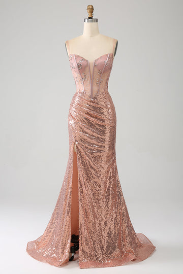 Rose Gold Mermaid Beaded Ruched Sequin Corset Ball Dress With Side Slit